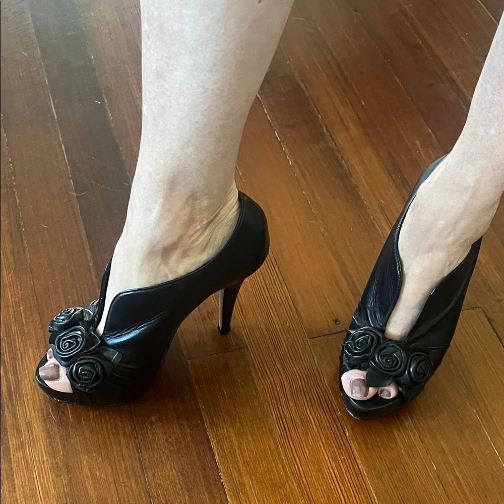Vince Camuto Black Peep-Toe Stiletto Heels with Rose Appliqués